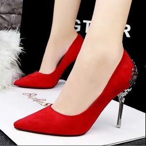 Red suede heel shoe with decorative heel (size 8)